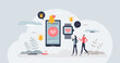 mHealth as mobile health care app for disease warning tiny person concept. Daily body stats and heart rate monitoring for effective wellness checkup vector illustration. Notifications for illness.