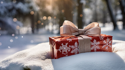 a red gift box with a gold ribbon on top, sitting on a snow-covered bench in a park