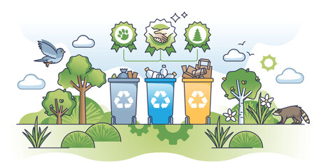 Reduce, reuse and recycle principle for waste management outline concept. Sustainable garbage sorting with paper, PET plastic and biodegradable trash division vector illustration. Care and awareness.