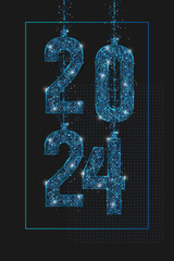 Wall Mural - Abstract isolated blue image of new year number 2024. Polygonal low poly wireframe illustration looks like stars in the blask night sky in spase or flying glass shards. Digital web, internet design.