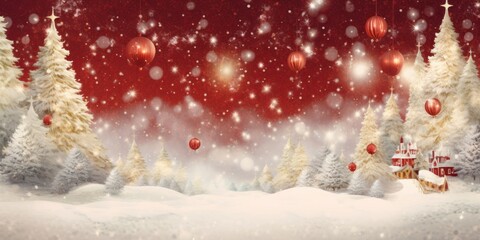 Christmas banner with snowy cartoon winter tale landscape on red background. Greeting card or invitation.