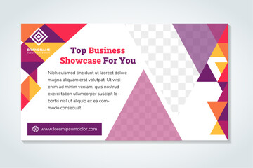 Poster - horizontal white banners with triangular shapes for a photo. Universal template for a web site with text, buttons and transparent elements. Photo of a mosaic for a sample. multicolor triangle pattern.
