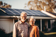 Smiling Couple in 60s - Driveway of House with Solar Panels. Generative Ai.
