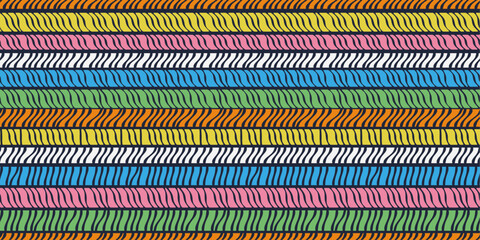 Poster - Colored lines made from fibers, lines of different colors from repeating shapes in a row. Vector print for surface application, can be seamless.