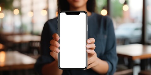 a hand holding a mobile phone displays a blank screen on a table, with a minimalist background style, ai generative.
