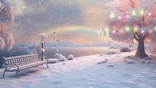 Winter Landscape With Snow, Trees And Bench In The Park. With Anime Or Cartoon Style. Seamless Looping Time-lapse Virtual Video Animation Background.