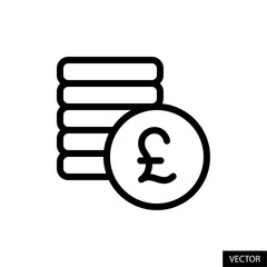 Poster - Coins stack, revenue, money with pound sign, pound sterling currency symbol vector icon in line style design for website, app, UI, isolated on white background. Editable stroke. Vector illustration.