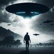 Black view of man locking at alien invasion, UFO flying in the sky