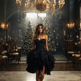 Fototapeta Sport - Gorgeous young sexy woman in black evening dress with corset is ready for Christmas night celebration, corporate party on background of hall room decorated for xmas