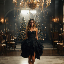 Gorgeous Young Sexy Woman In Black Evening Dress With Corset Is Ready For Christmas Night Celebration, Corporate Party On Background Of Hall Room Decorated For Xmas
