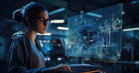Poster - Young beautiful woman working at office at night, using computer with projection screen