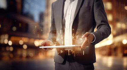 Poster - Close up shot of businessman using digital tablet with data projecting from screen