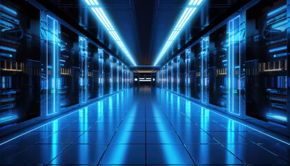 Poster - Futuristic modern server room with no people in shot