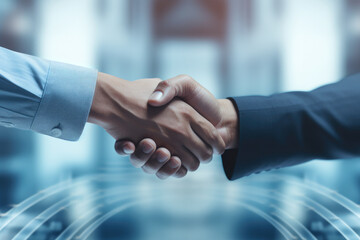 Wall Mural - Close up shot of two business people shaking hands at office with abstract details around hands