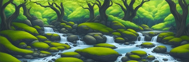 Wall Mural - A serene Nature scene. River in forest. AI generated illustration