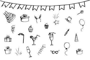 Birthday doodle icon element. Hand drawn sketch doodle birthday cake, balloon, event decoration element. Party, carnival celebration concept background. Vector illustration