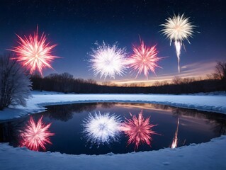 Fireworks Over A Pond