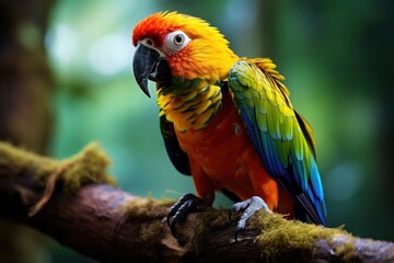 Wall Mural - Close-up of a colorful parrot perched on a branch in the rainforest.