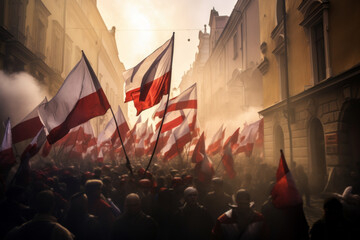 A patriotic parade in Poland with people waving national flags and celebrating the countrys independence. Generative Ai