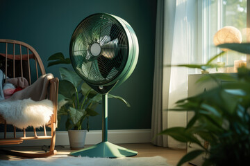 Poster - A fan sitting on top of a wooden floor next to a chair. Perfect for cooling down in hot weather or adding a touch of style to any room.