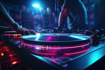 Aufkleber - A DJ is seen playing a track on a turntable. This image can be used to represent DJing, music production, nightlife, or entertainment events.