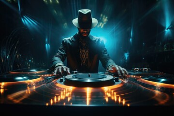 Aufkleber - A man wearing a hat is skillfully playing a DJ turntable. This image can be used to depict the vibrant nightlife and music scene, or to illustrate the art of DJing.