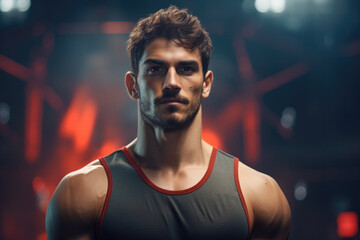 Aufkleber - A man wearing a tank top stands in a dark room. This image can be used to depict solitude, mystery, or a sense of anticipation.