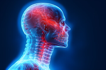 Person's spine x-ray in blue and red colors. Pain concept