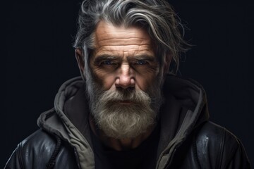 Poster - A picture of a man with a beard wearing a stylish leather jacket. This image can be used to depict a trendy and fashionable look.