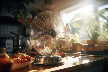 Poster - A fan sitting on top of a kitchen counter. Perfect for cooling down during hot summer days in the kitchen.
