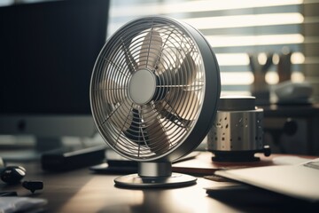 Poster - A fan sitting on top of a wooden desk. Perfect for adding a touch of ventilation to any workspace or room.