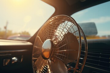Poster - A detailed view of a fan inside a car. This image can be used to illustrate automotive cooling systems or car maintenance.