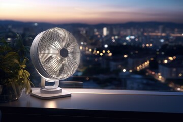 Poster - A fan placed on top of a window sill. This image can be used to depict cooling, ventilation, or home appliances.
