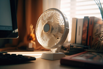 Poster - A fan sitting on top of a desk next to a computer. This image can be used to depict a cooling solution for computers or to illustrate the concept of staying cool in a work environment.