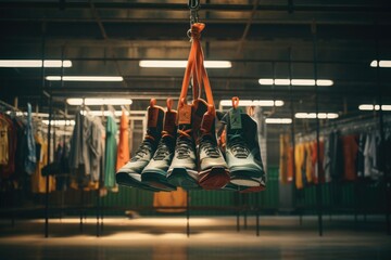 Poster - A pair of shoes hanging from a hook. This versatile image can be used to represent concepts such as organization, storage, fashion, or even the idea of leaving one's mark.