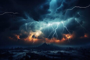 Poster - A powerful image of a dark sky with lightning bolts shooting out of it. Perfect for adding drama and intensity to any project.