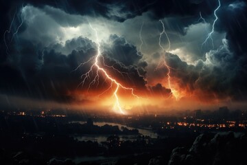 Poster - A dramatic image of a lightning storm illuminating the night sky over a bustling city. 