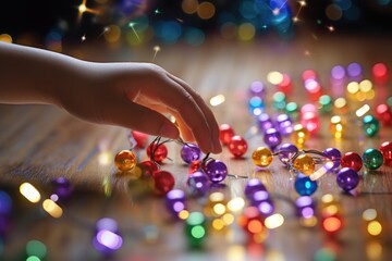 Aufkleber - A picture of a child's hand reaching out for a string of Christmas lights. 