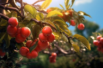Aufkleber - A bunch of red cherries hanging from a tree. This image can be used to showcase fresh fruits or to represent summertime and nature.