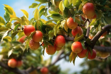 Poster - A bunch of oranges hanging from a tree. This image can be used to depict a vibrant fruit orchard or showcase the beauty of nature.