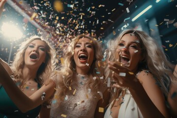 Poster - A group of women standing next to each other, surrounded by falling confetti. This image can be used to depict celebration, friendship, or a joyful gathering.
