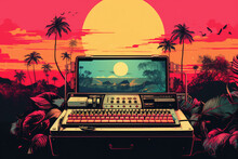 Vintage Rare Computer With Keyboard And Mouse Placed On Table Near Tropical Landscape At Sunset. Generative AI. Risograph Style