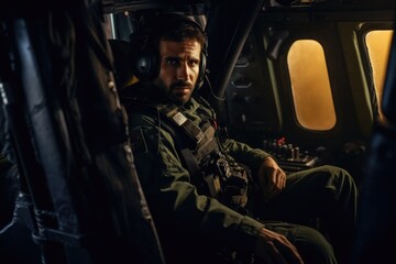 Poster - A man is sitting in the cockpit of a helicopter. This image can be used to depict a pilot preparing for flight or for illustrating the experience of flying in a helicopter