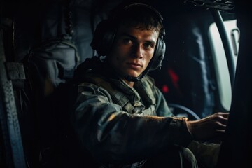 Poster - A man sitting in the cockpit of a helicopter. This image can be used to depict a helicopter pilot or showcase the experience of flying in a helicopter
