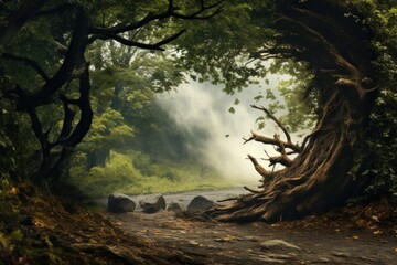 Aufkleber - A picture of a tree situated in the center of a dense forest. This image can be used to depict nature, solitude, or the beauty of forests