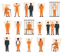 Various Scenes From A Prison On A White Background. Vector Illustration In A Flat Style. Prison Icons Set. Cartoon Set Of Prison. Prison Staff Guard Criminals.