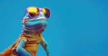 Chameleon Lizard On A Blue Background Wearing Colored Glasses