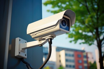 Poster - A security camera mounted on the side of a building. This image can be used to depict surveillance, safety, or monitoring