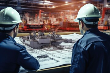 Poster - Two men in hard hats examining a blueprint. Suitable for construction and engineering concepts