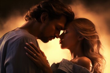Poster - A picture of a man and a woman standing close together. This image can be used to depict relationships, love, friendship, or partnerships